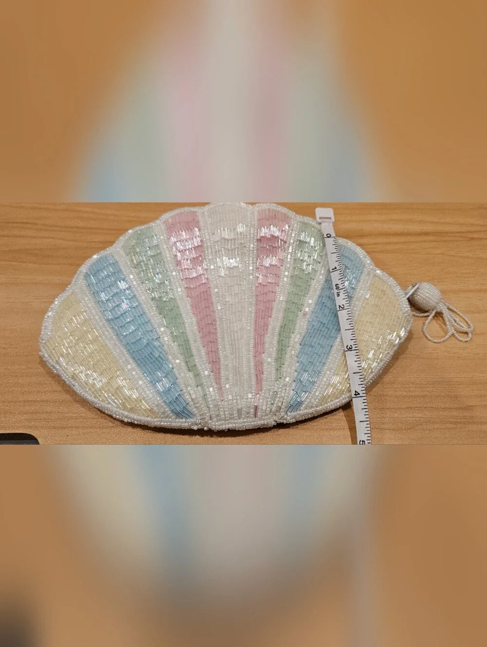 Vintage Handmade Beaded Seashell Pastel Color Pouch Bag Zipper Closure Boho Chic